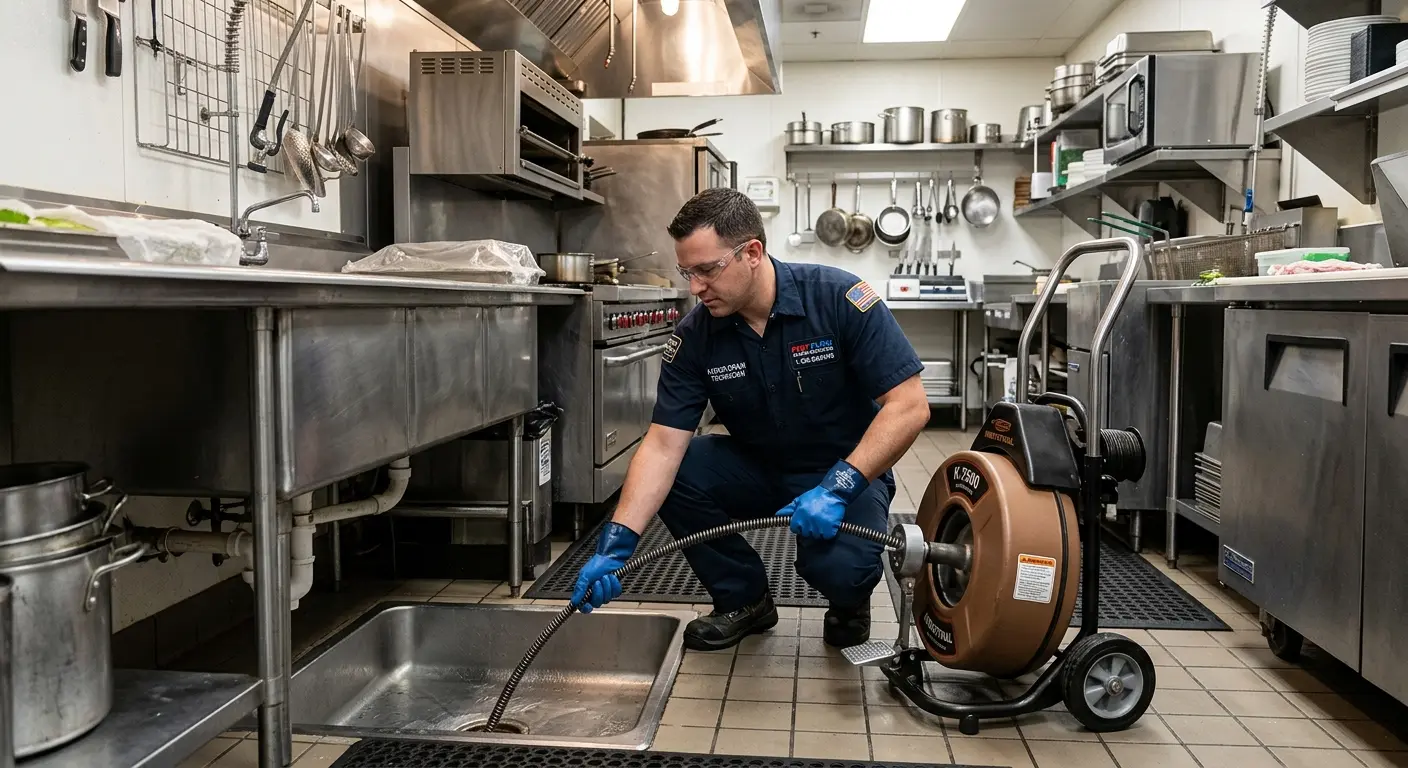 Commercial drain cleaning service in a restaurant kitchen in Lake Oswego