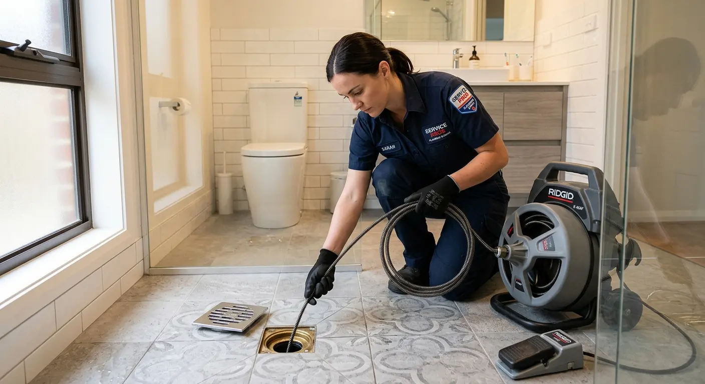 Technician clearing a bathroom floor drain for Hydro Jetting in Lake Oswego